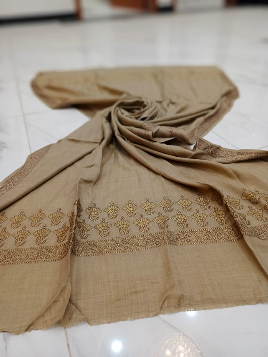 DARK SKIN PASHMINA SHAWL LIGHT BROWN INDIAN BORDER