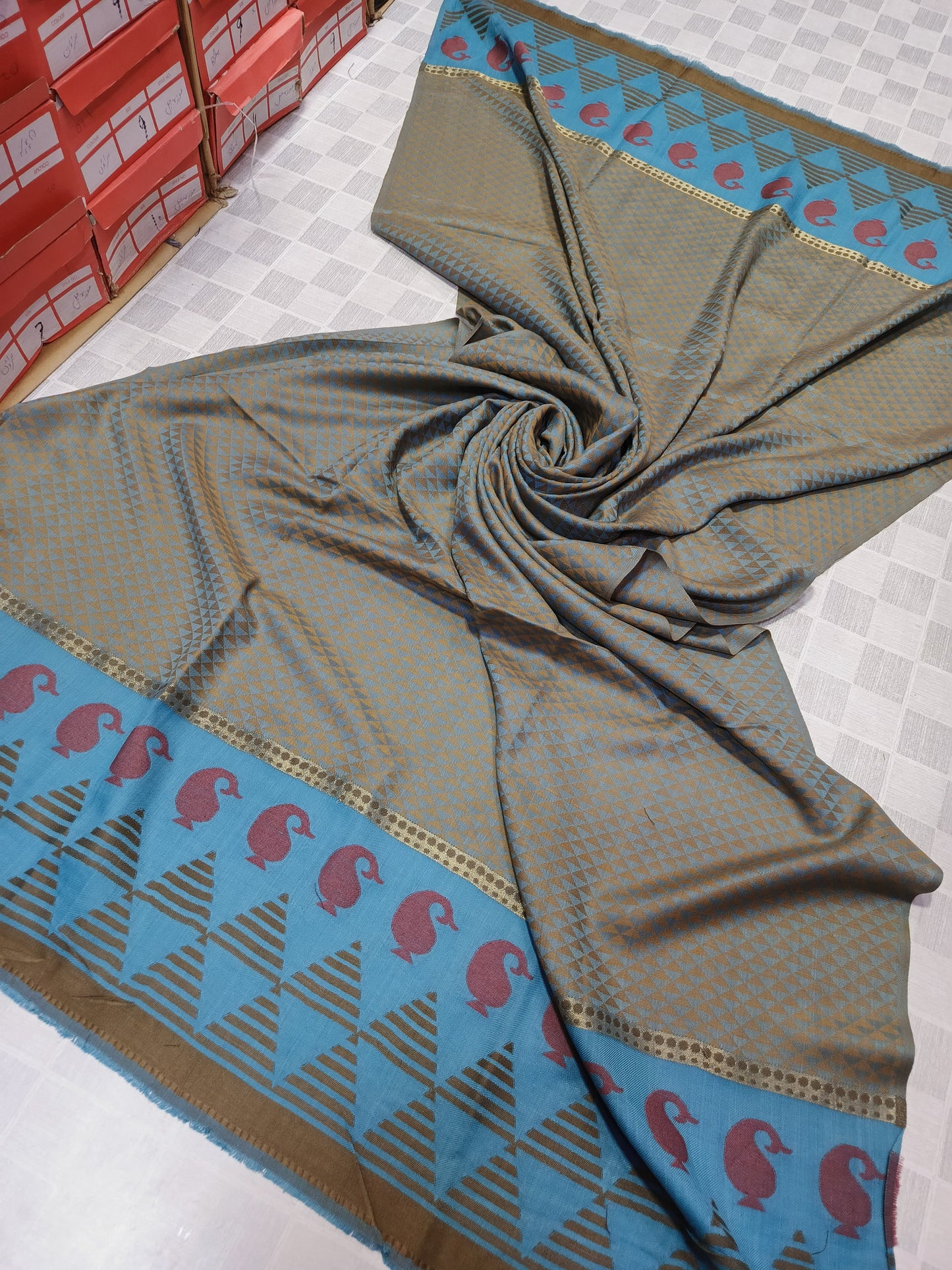 PREMIUM QUALITY SKY BLUE WITH MULTI COLOR BORDERERD WOVEN PASHMINA SHAWL