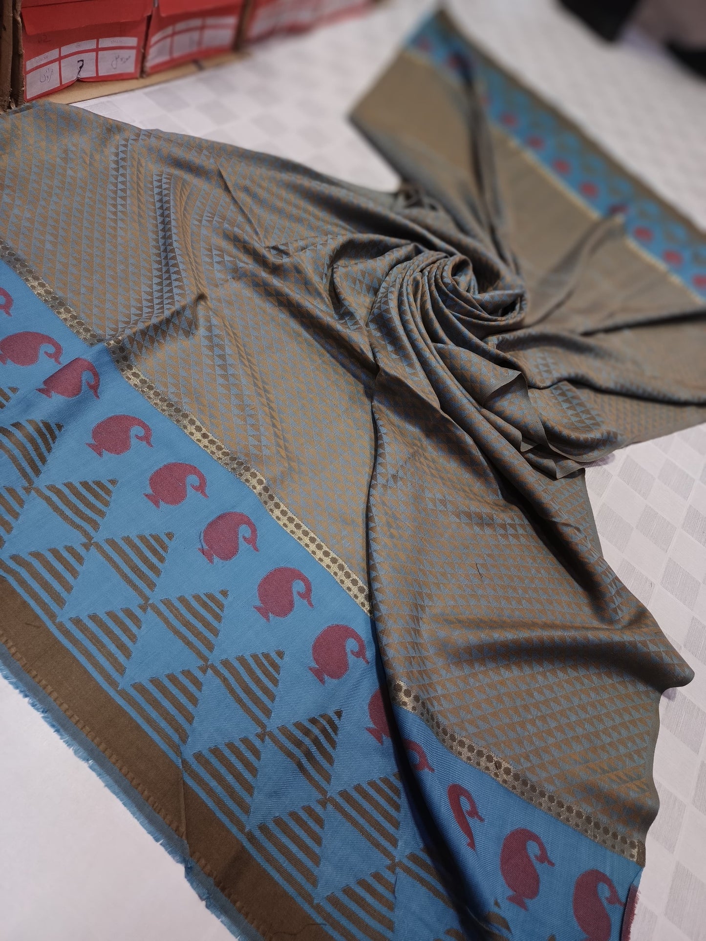 PREMIUM QUALITY SKY BLUE WITH MULTI COLOR BORDERERD WOVEN PASHMINA SHAWL