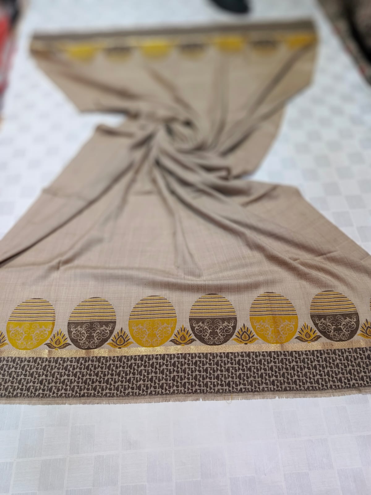 PREMIUM QUALITY SKIN COLOUR FULL SELF WITH MULTI BORDERERD WOVEN PASHMINA SHAWL